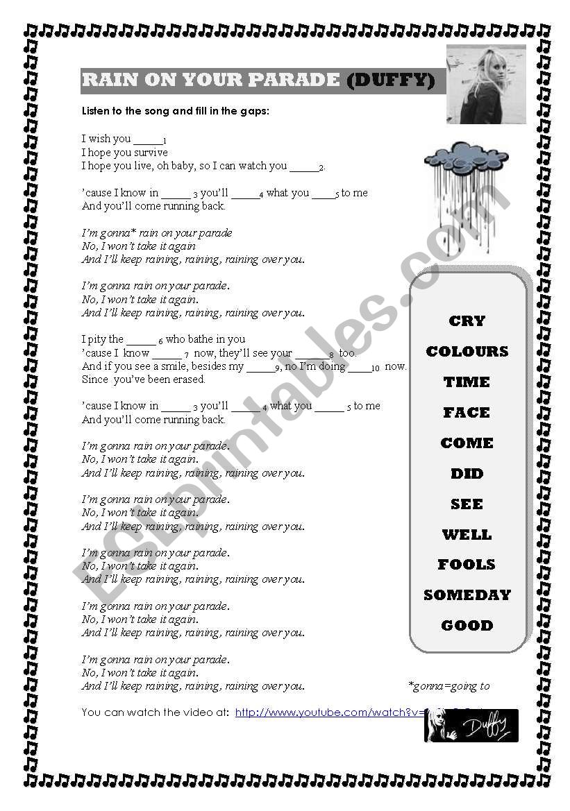 RAIN ON YOUR PARADE (DUFFY SONG)GAP FILL/ VERBAL TENSES/EXPRESSING WISHES/2 PAGES