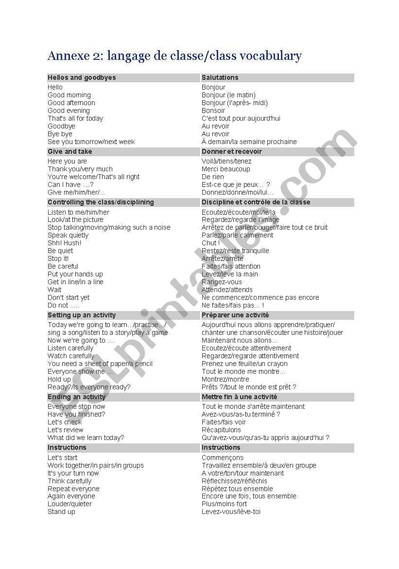 Classroom instructions worksheet