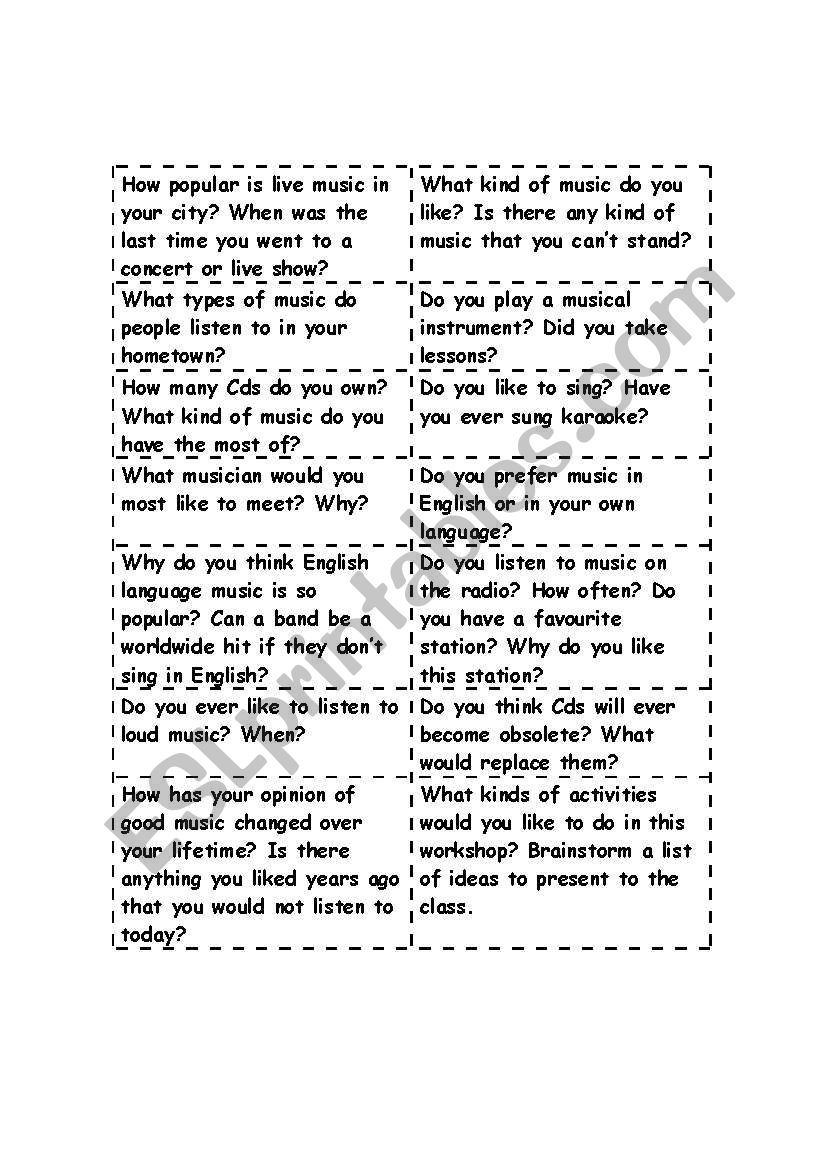 Music Conversation Cards worksheet