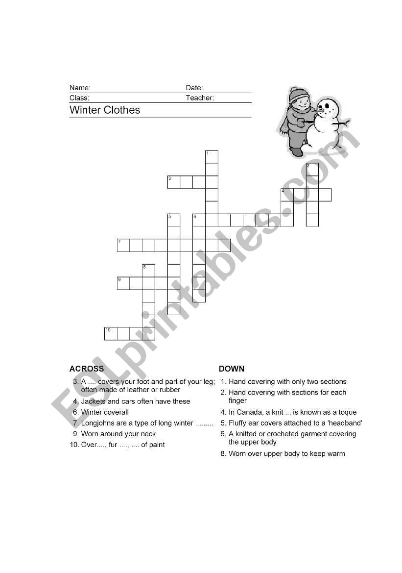 crossword-clothes worksheet