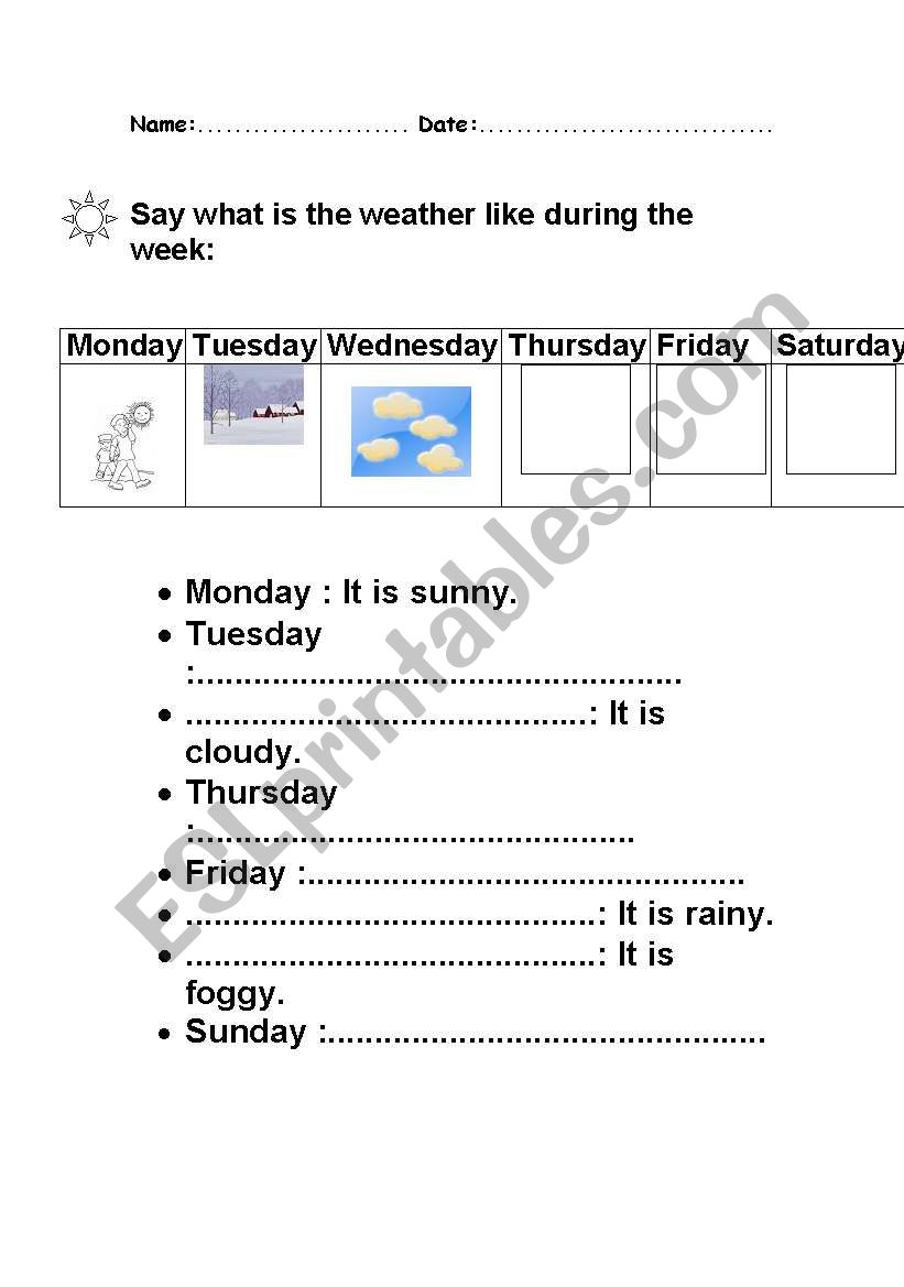 weather days of the week worksheet
