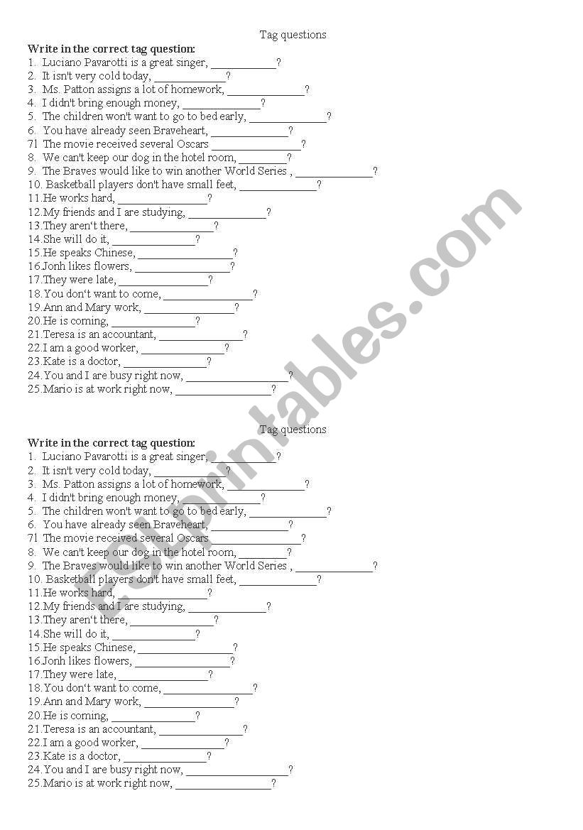 tag questions worksheet