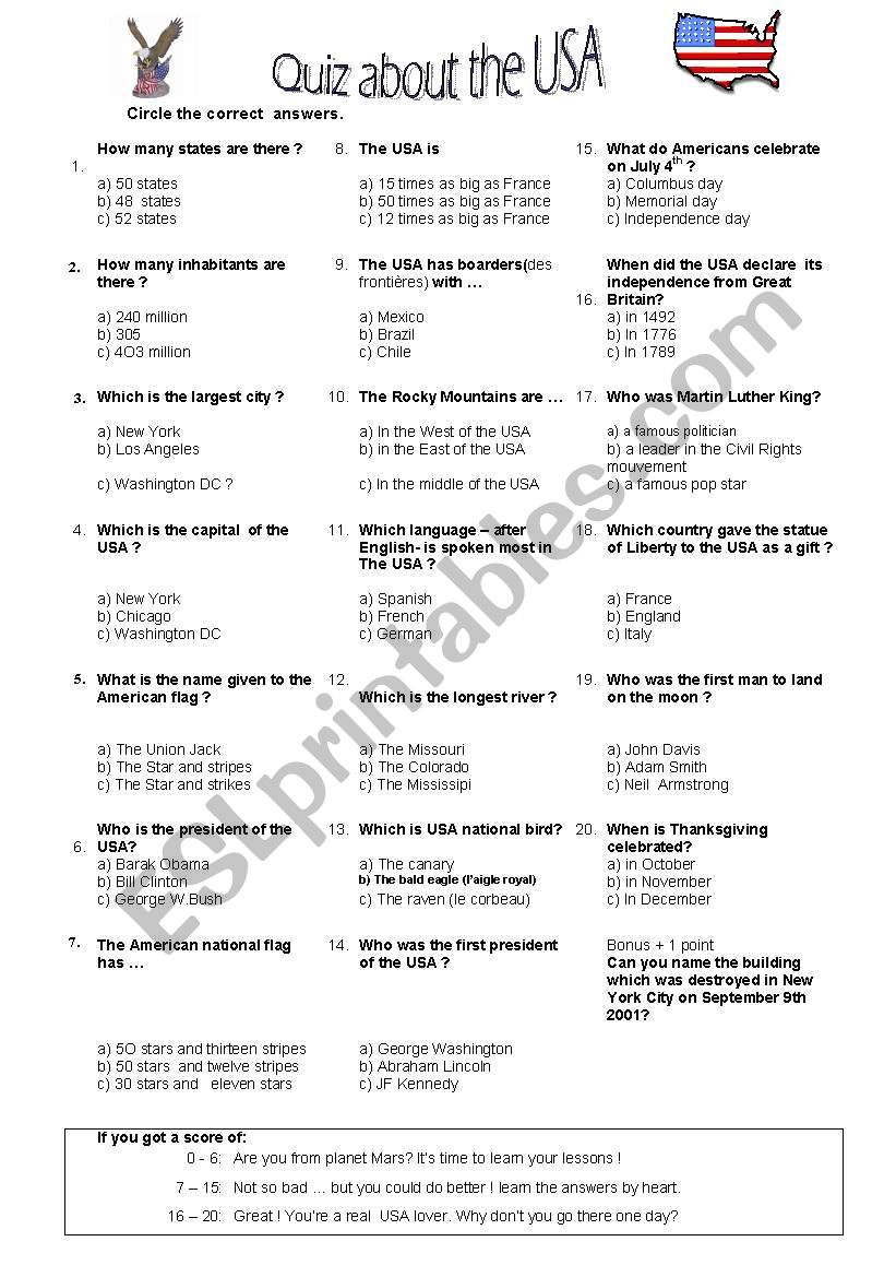 USA  quiz worksheet