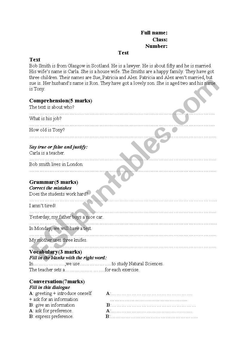 global test worksheet