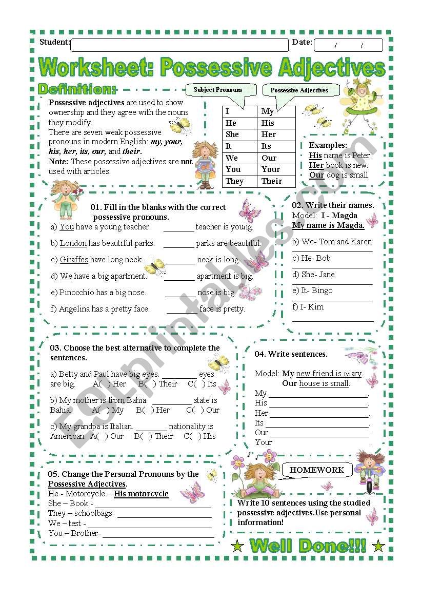 Worksheet: Possessive Adjectives/ explanation and exercise