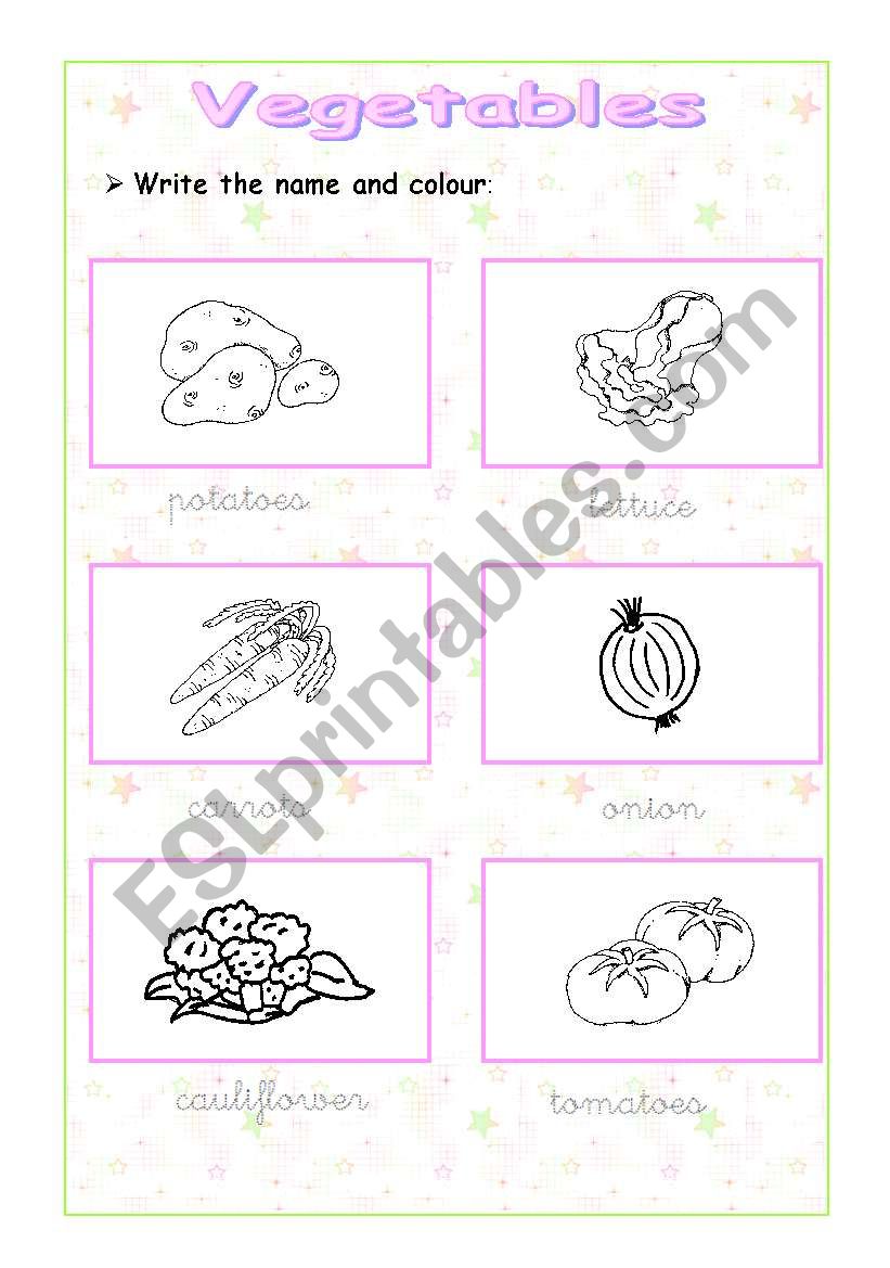 VEGETABLES WRITE AND COLOUR ( 2 pages)