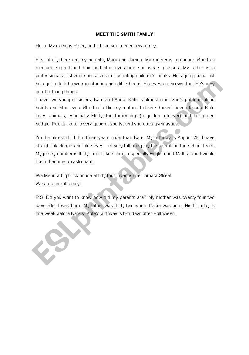 The Smith family worksheet