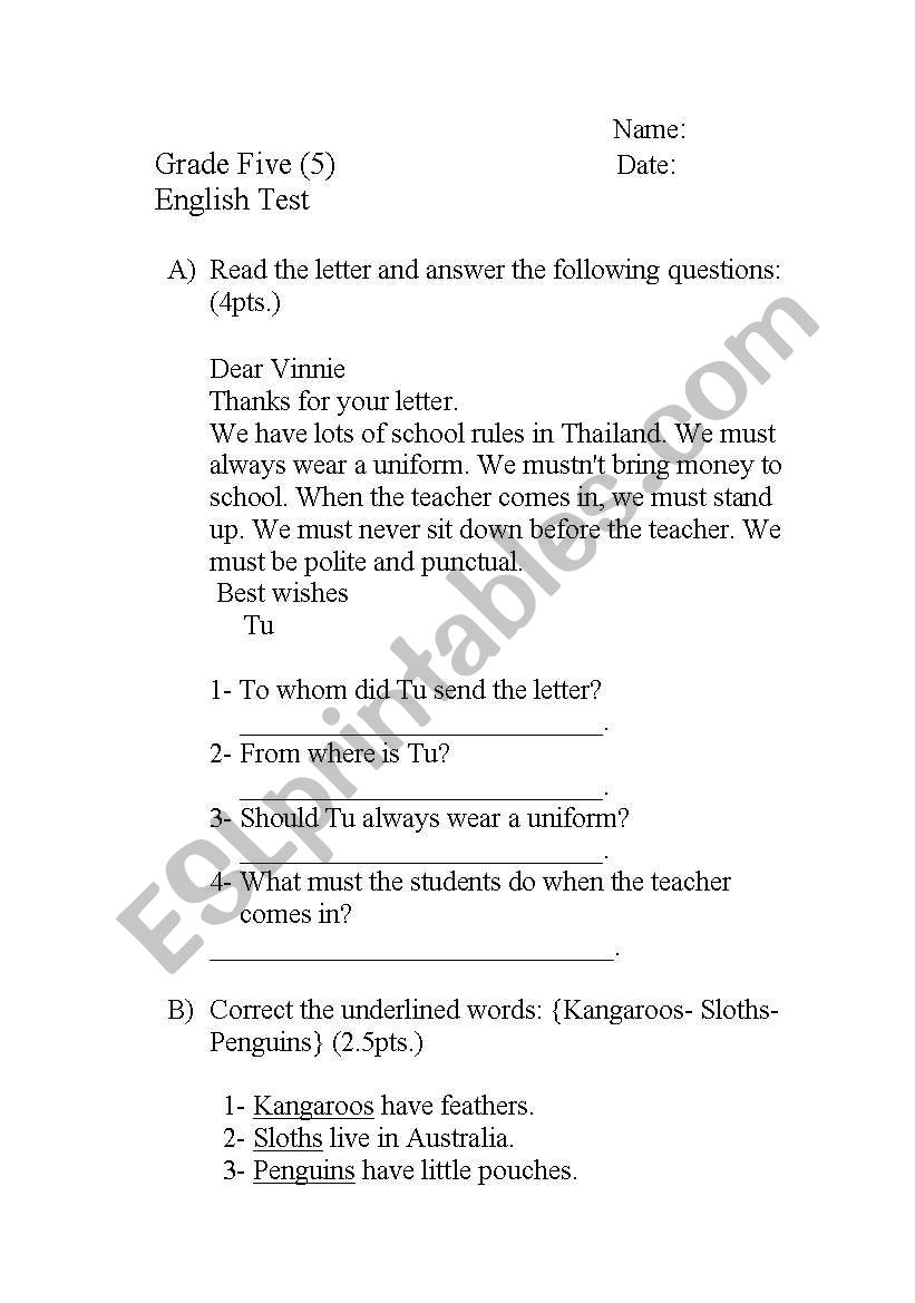 English Test worksheet