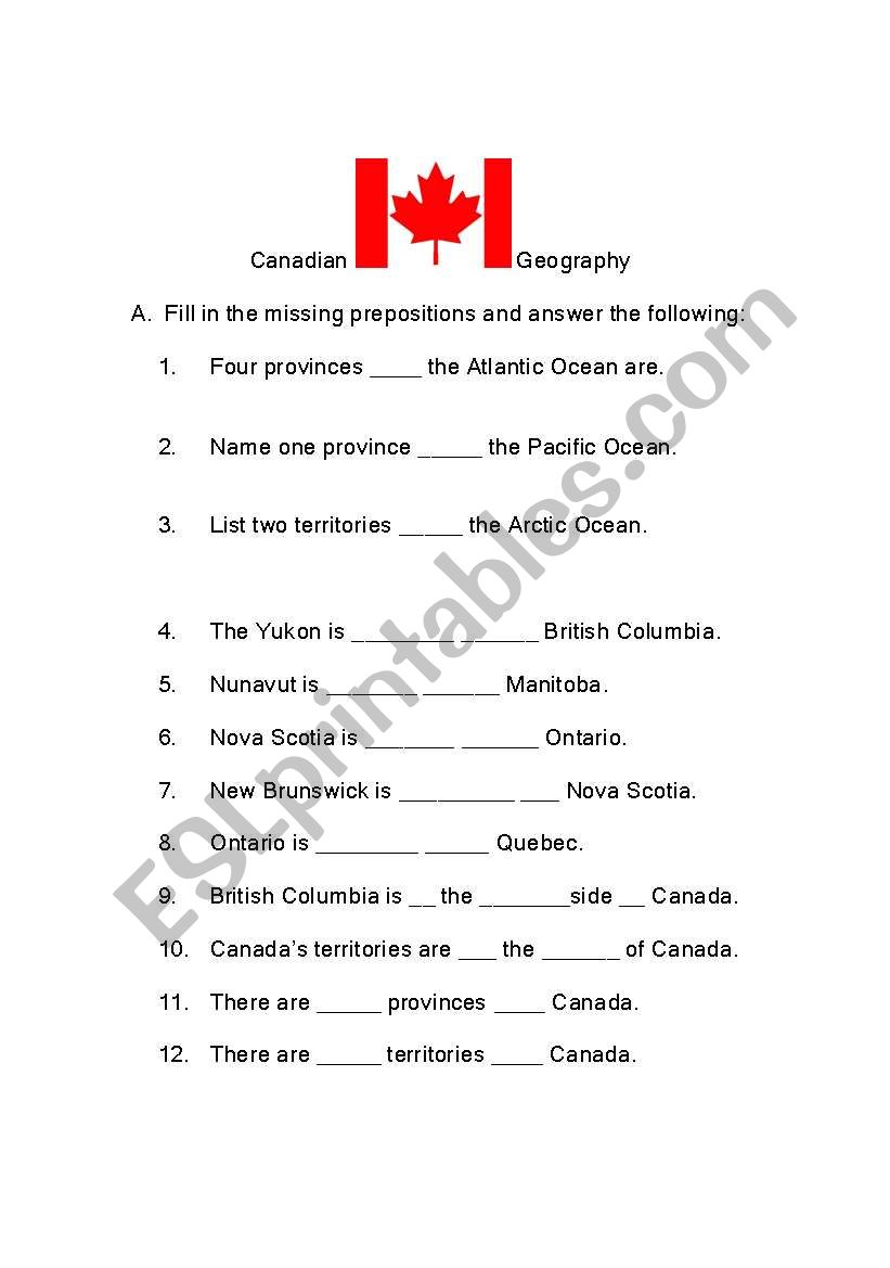 Canadian Geography and Preposition Worksheet
