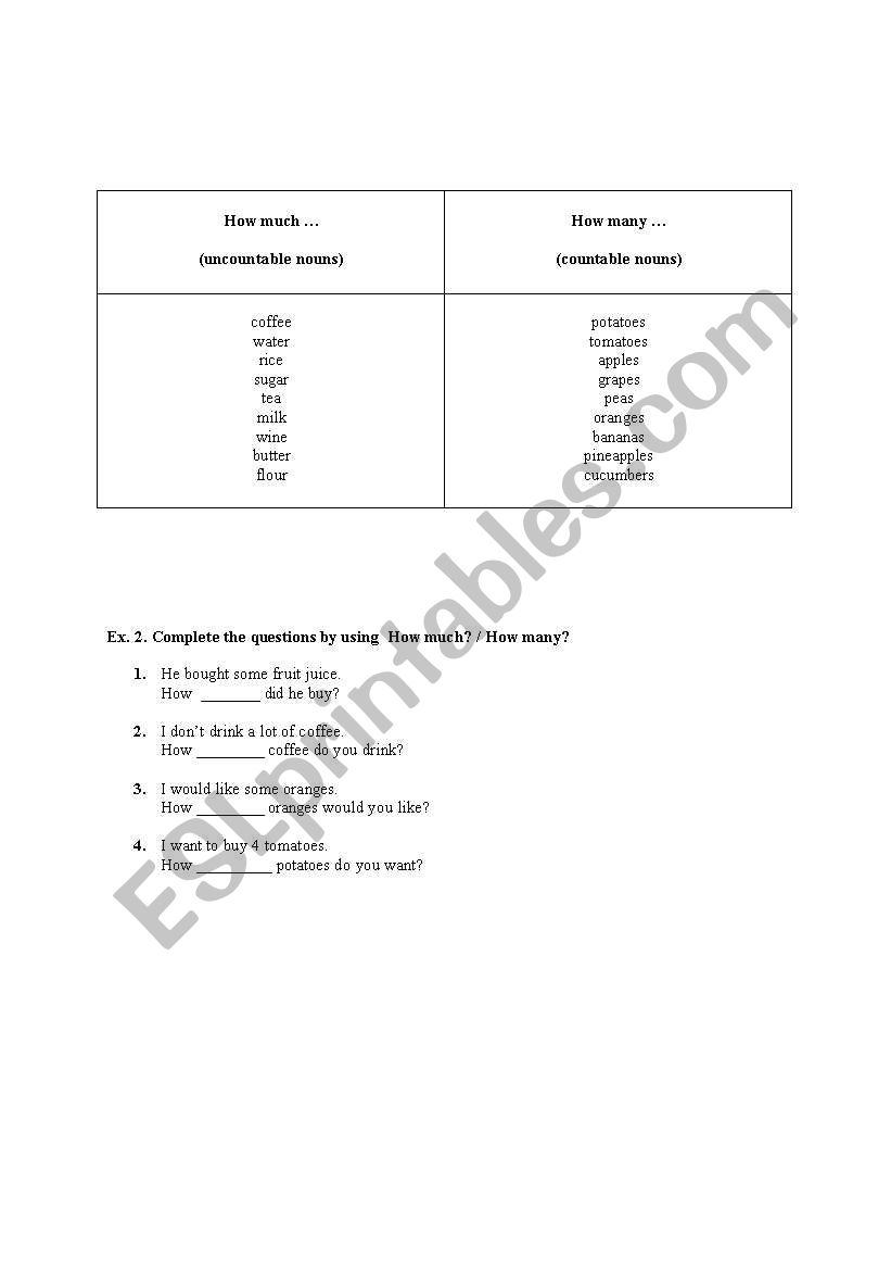 COUNTABLE / UNCOUNTABLE NOUNS worksheet