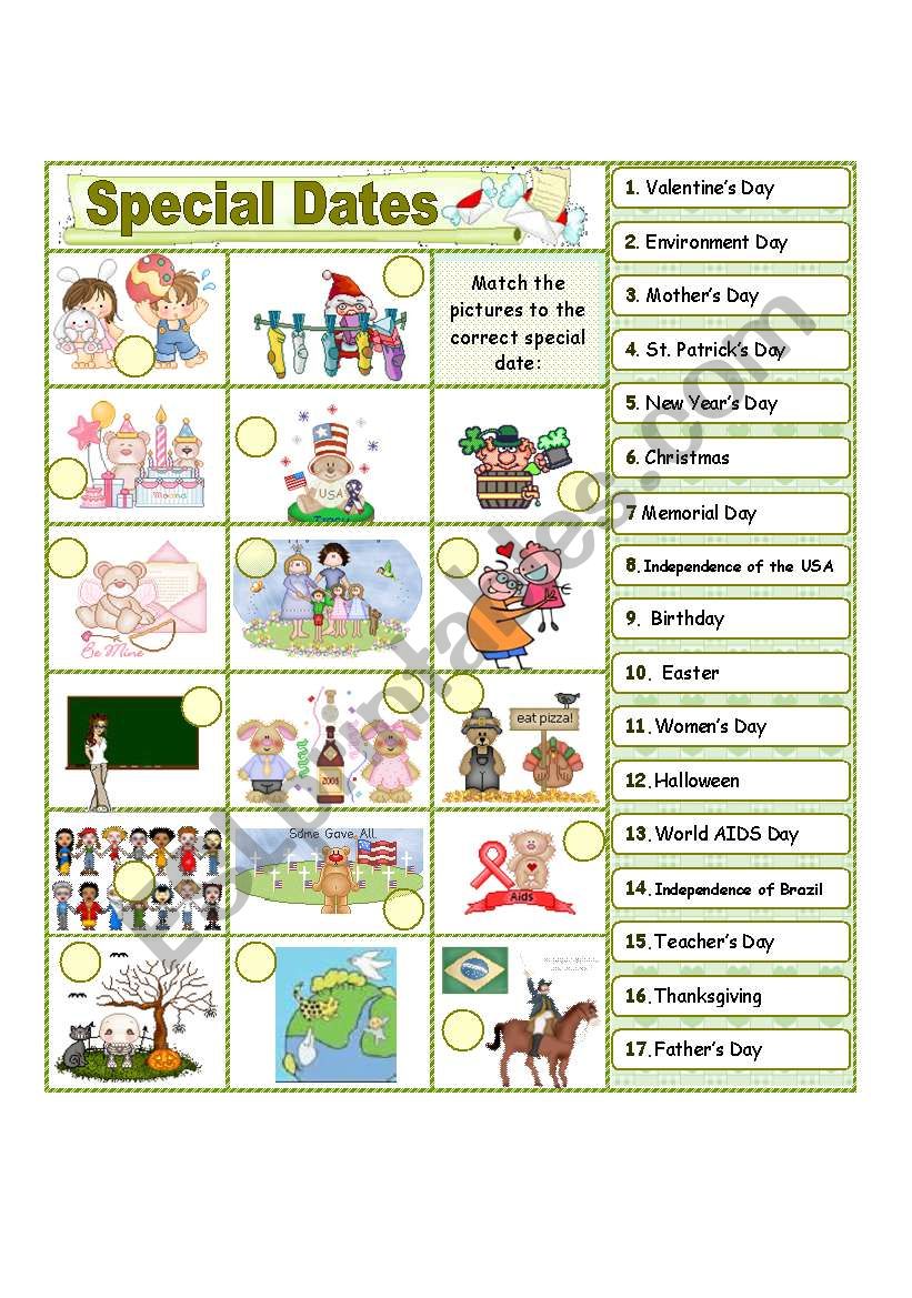 Special Dates worksheet