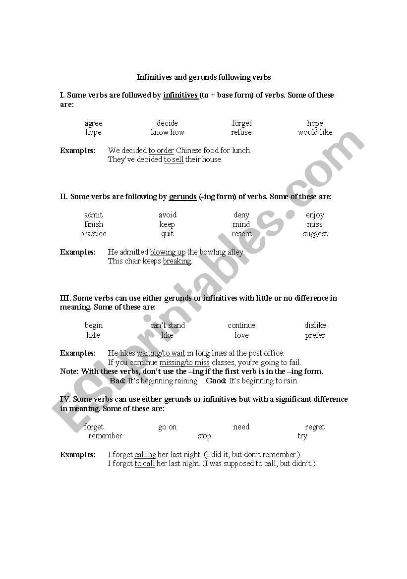 Infinitives and gerunds following verbs