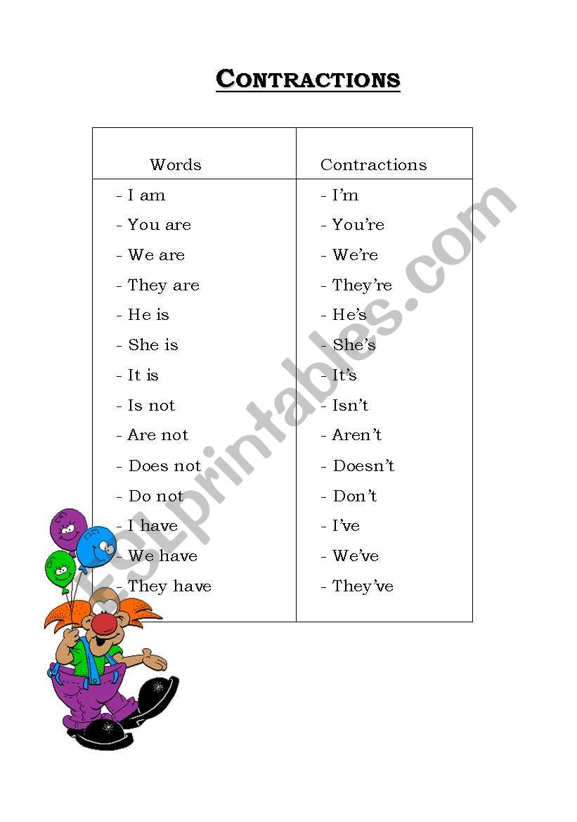 Contractions worksheet