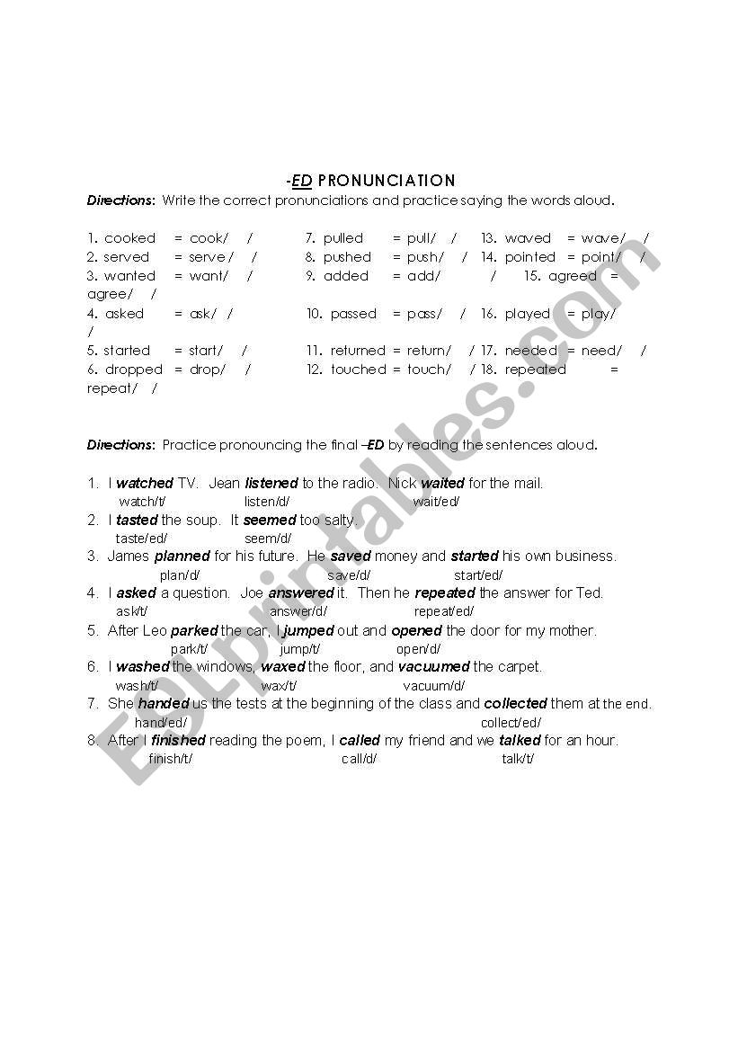 ED pronunciation worksheet