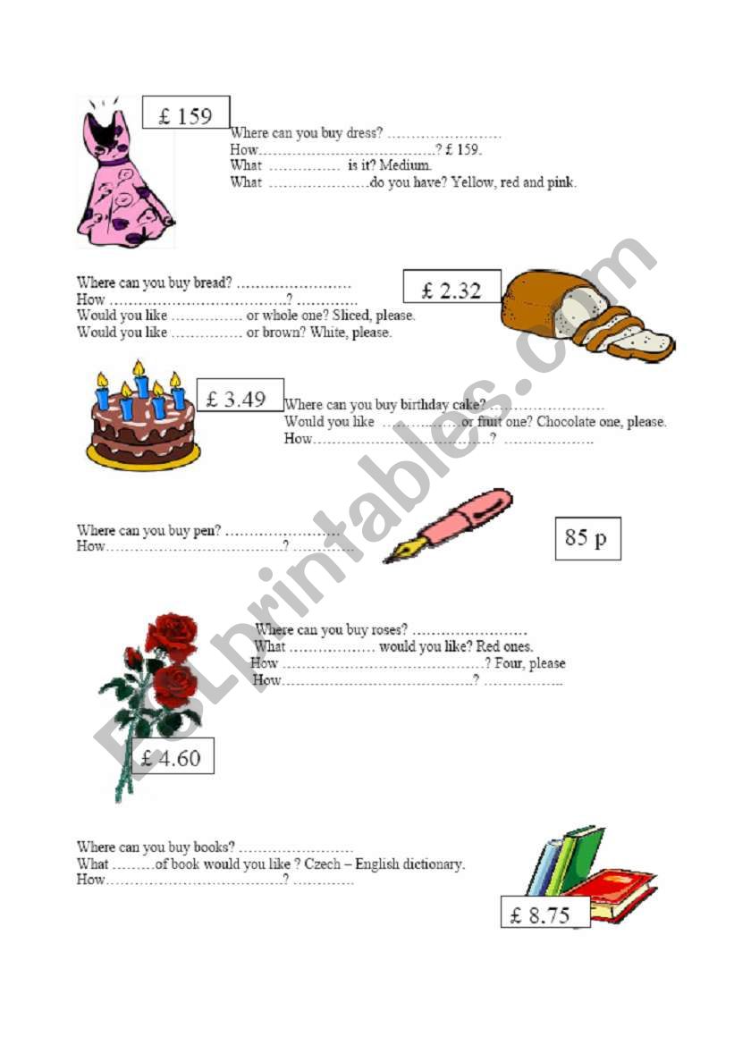 Shopping worksheet