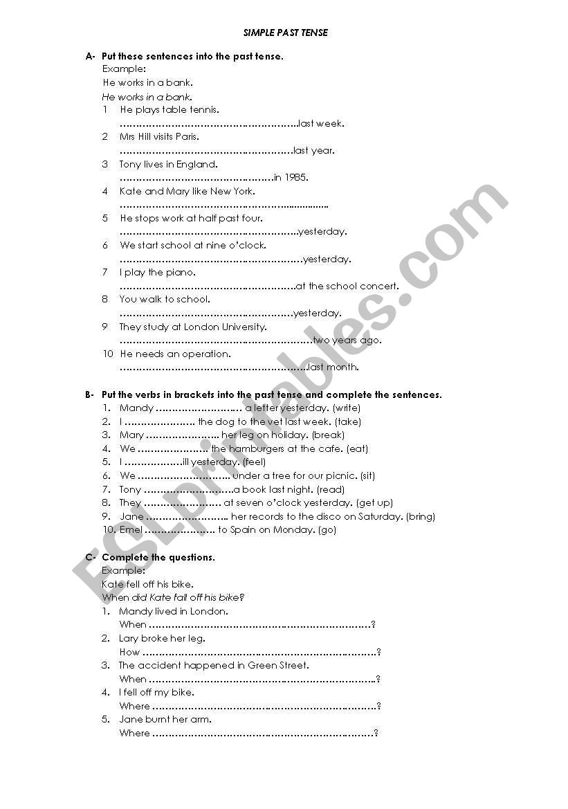 simple past tense worksheet