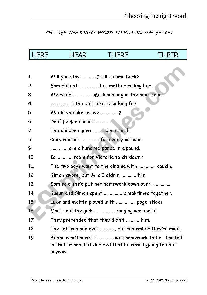 Homophones worksheet