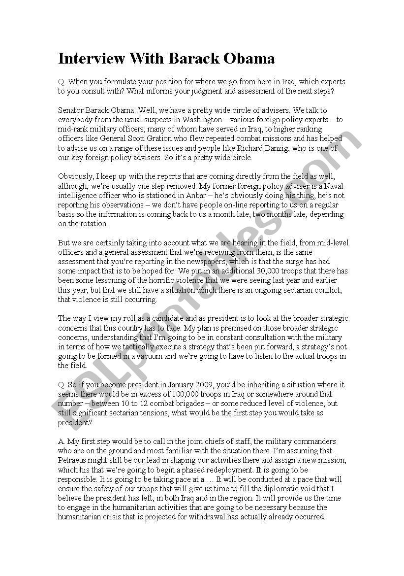 Interview with Barack Obama worksheet