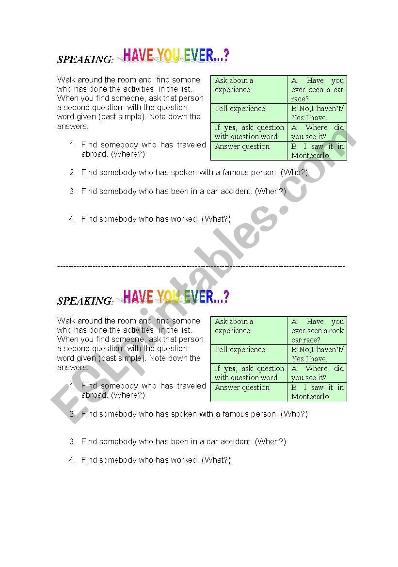 SPEAKING: HAVE YOU EVER...? worksheet