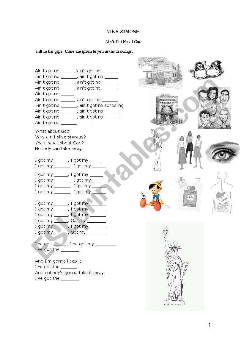 Aint got by Nina Simone worksheet