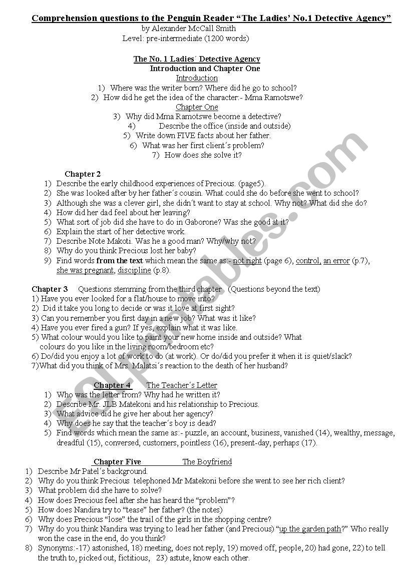 Comprension Questions to the ten chapters of: The No.1 Ladies Detective Agency by Alexander McCall Smith.