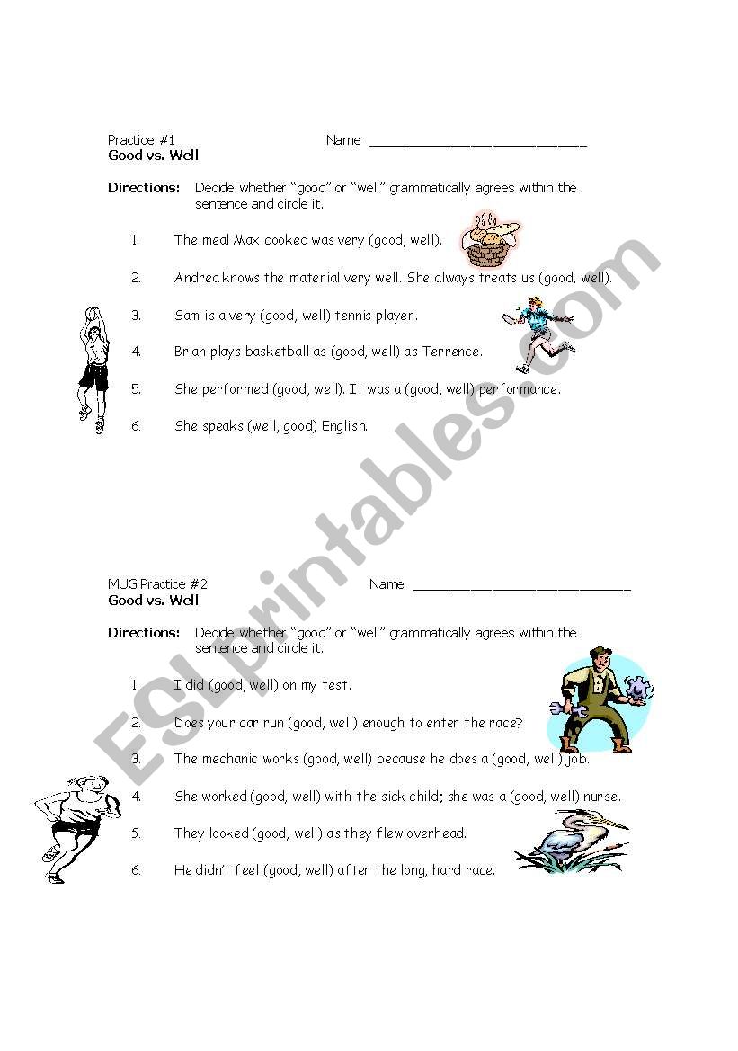 Good vs. Well Short Practices worksheet