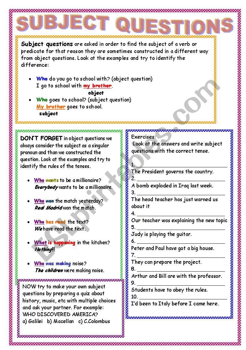 subject questions with all tenses