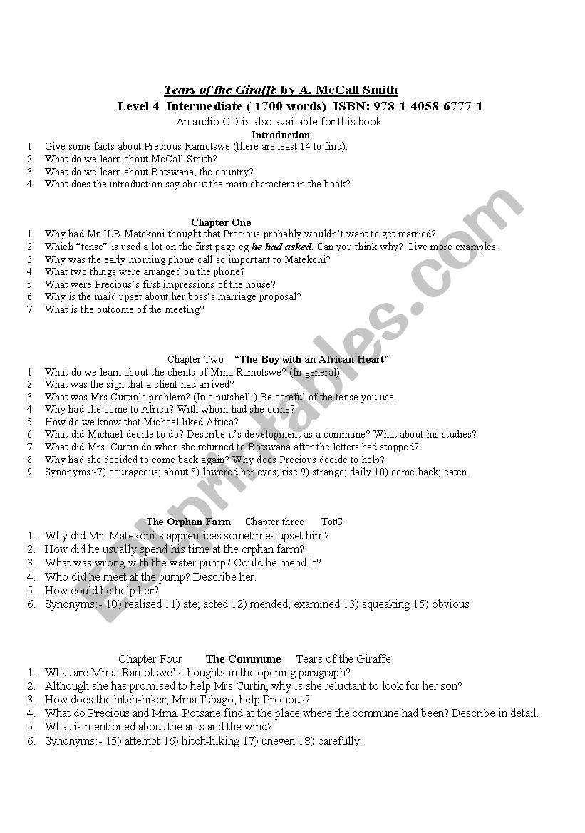 Comprehension Questions for each chapter of 