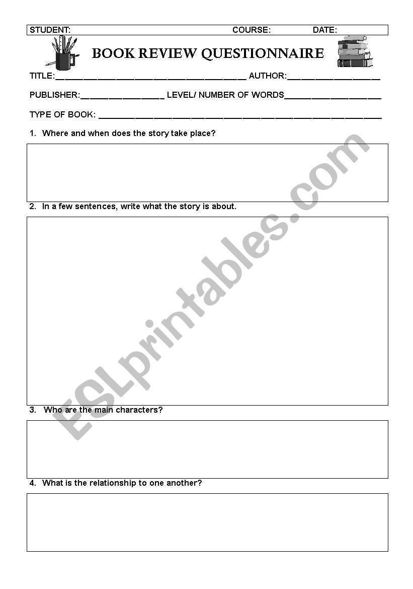 Book Review Questionaire worksheet