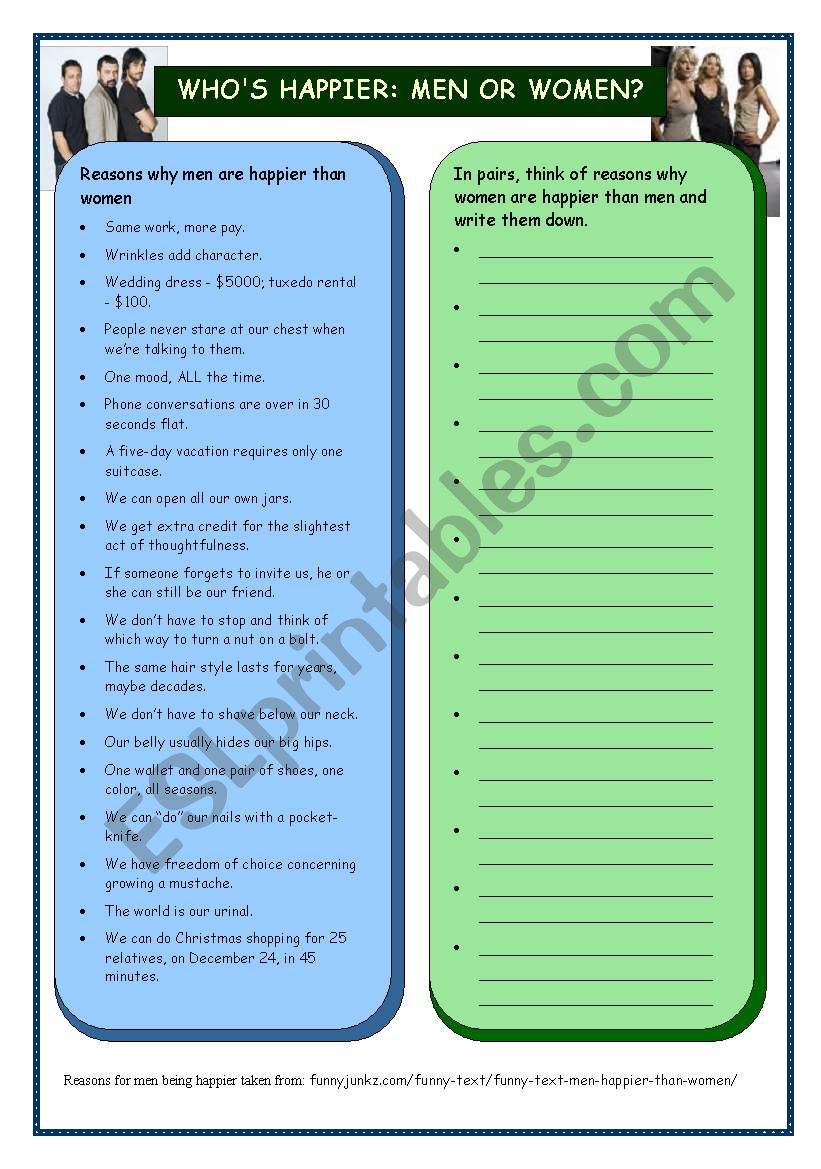 Whos happier: Men or women? worksheet