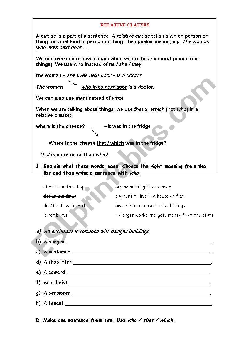 RELATIVE CLAUSES worksheet