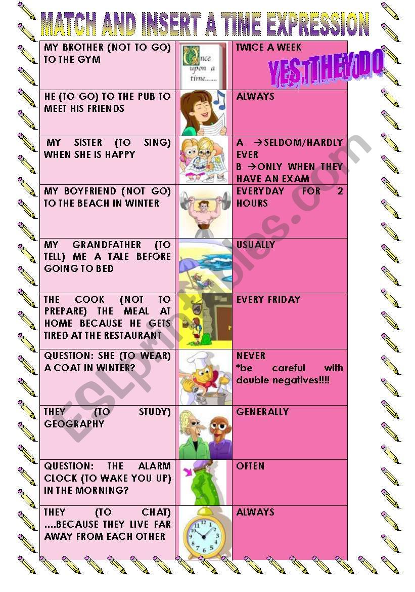 REVISION of Present Simple structure: MATCH AND INSERT THE FREQUENCY ADVERB OR TIME EXPRESSION WHERE NEEDED