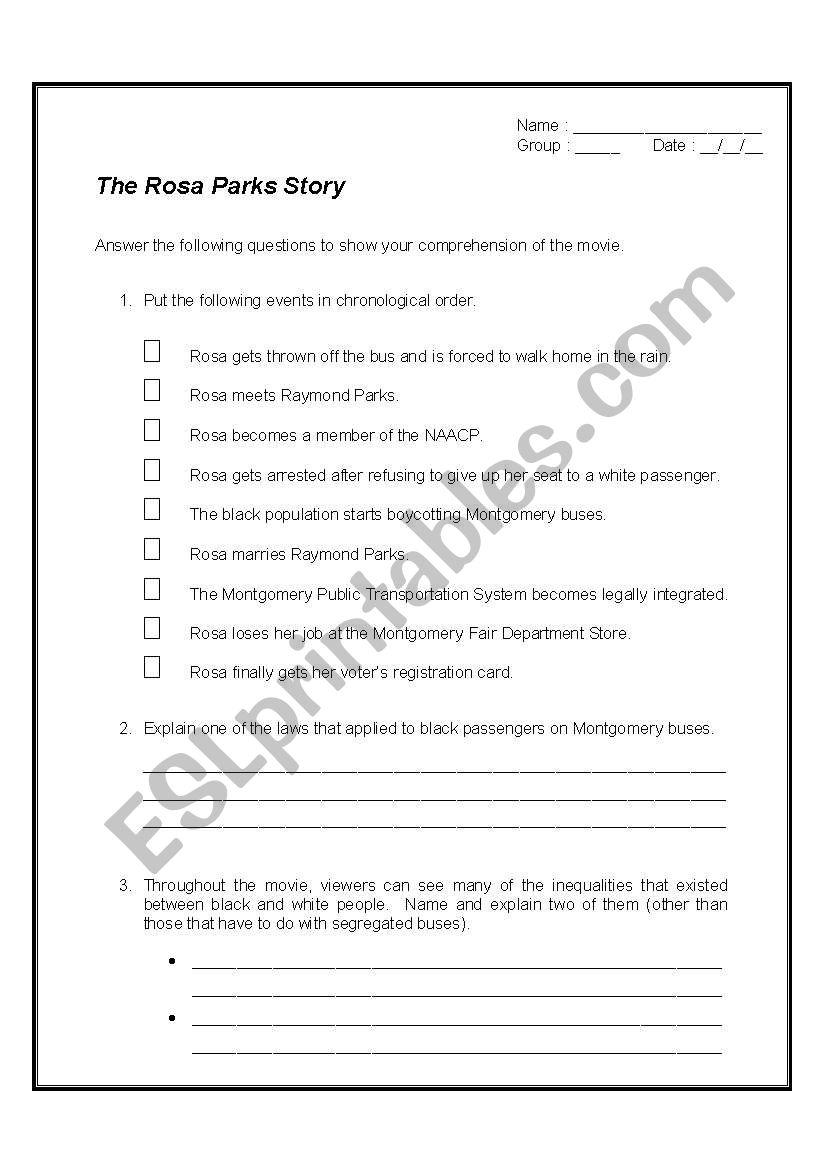 The Rosa Parks Story (movie) worksheet