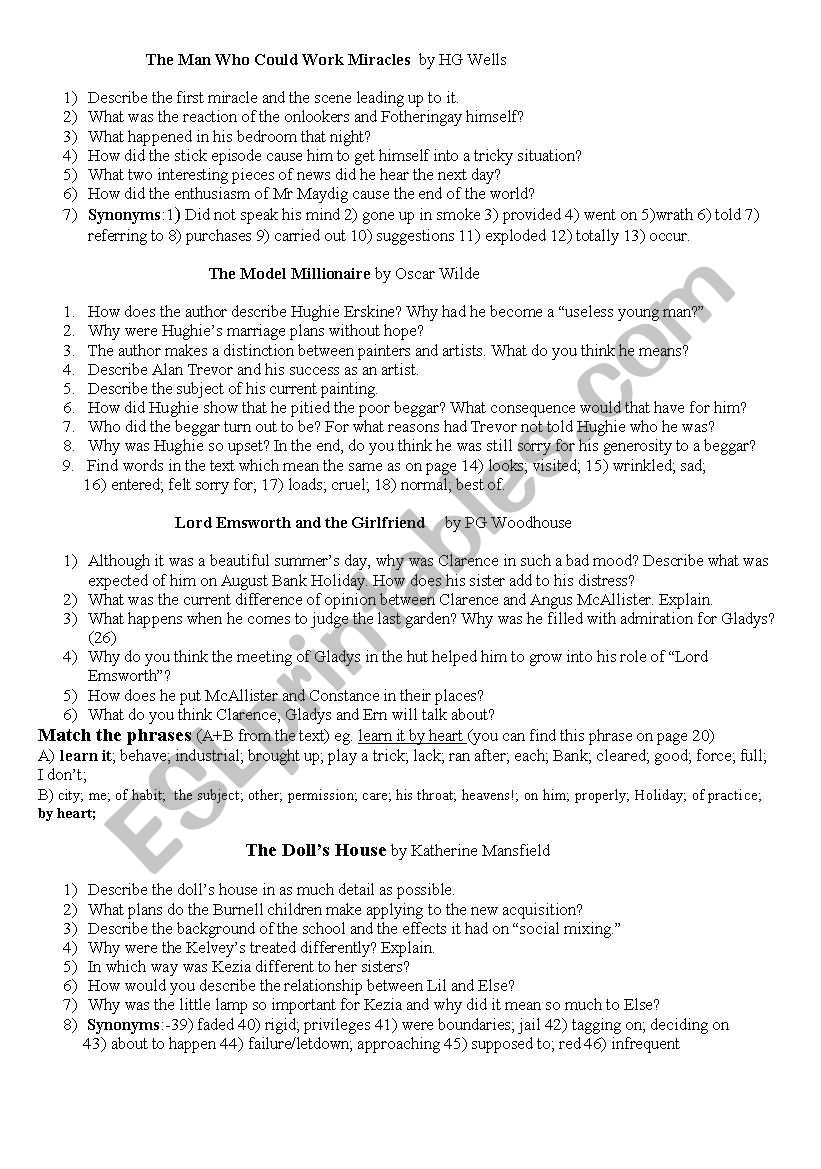 Comprehension Questions to the Book of Outstanding Short Stories. Penguin Reader ISBN 978-1-405-86519-7 Level Upper - Intermediate