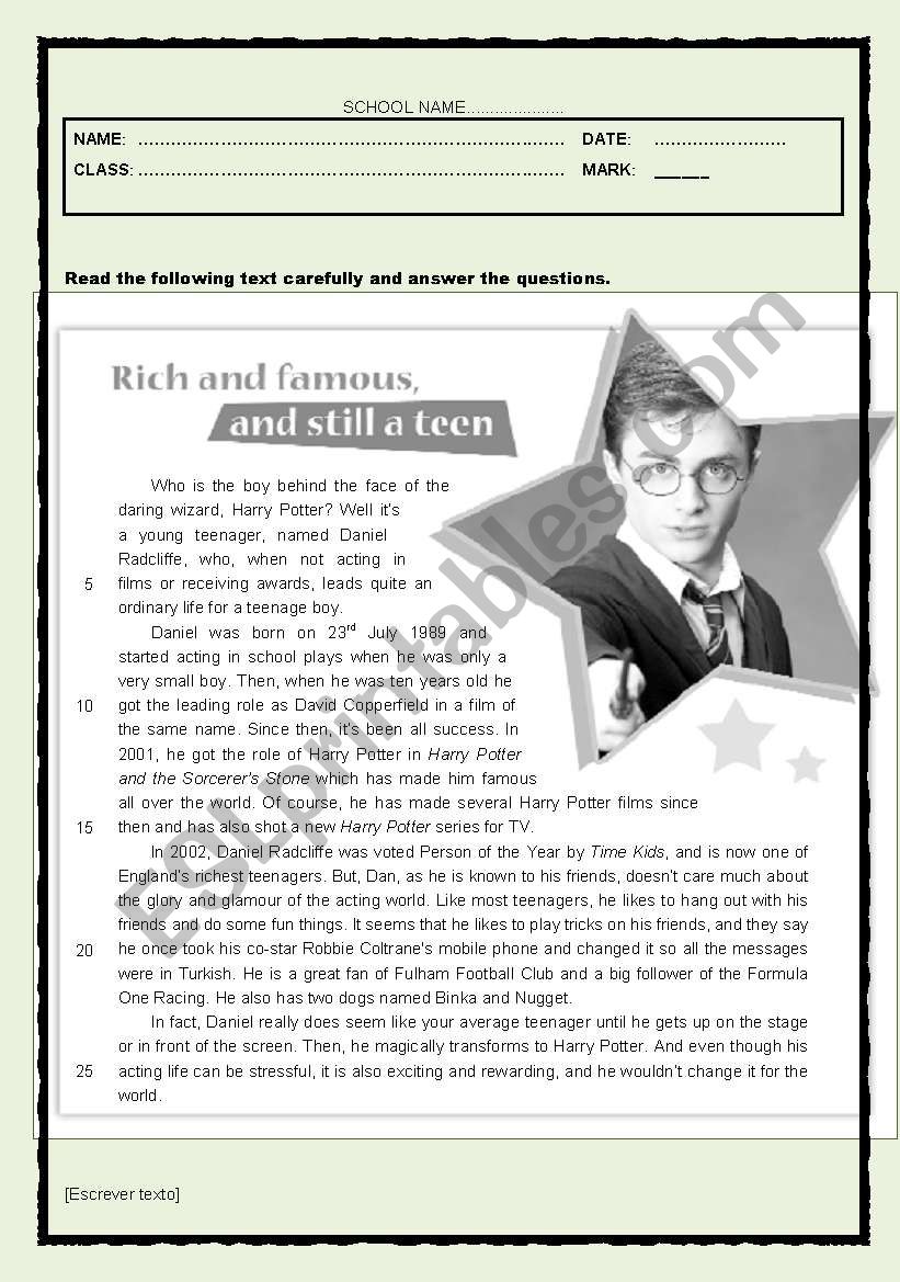 Test - Daniel Radcliffe worksheet