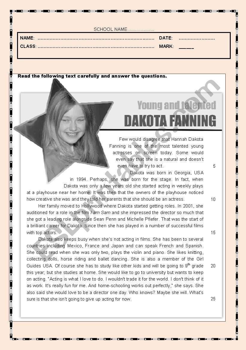 Test - Dakota Fanning worksheet