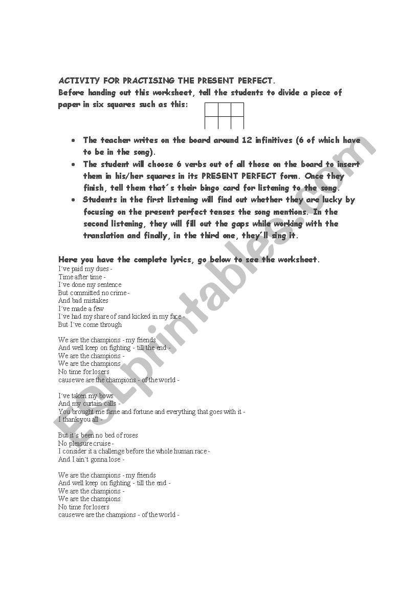 Song + bingo game with Present Perfect