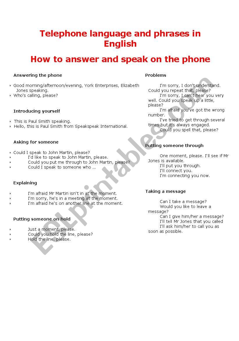 Telephone language and phrases in English
