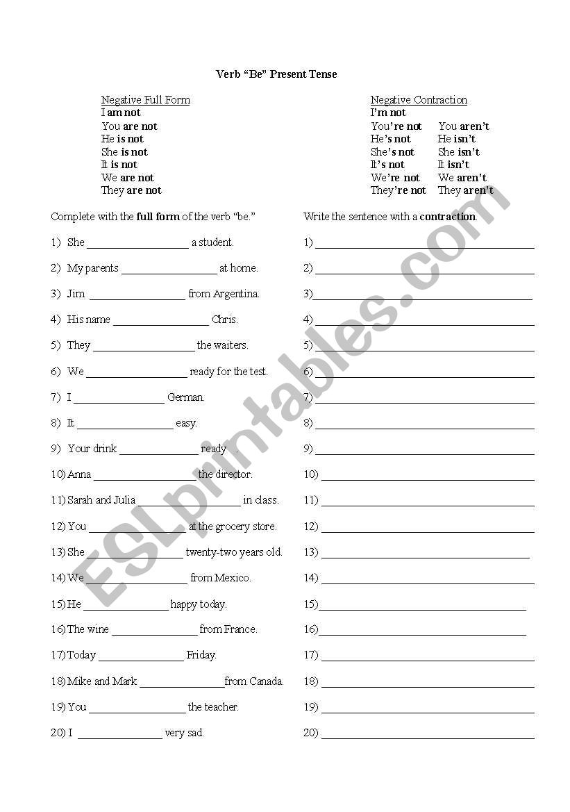 Verb Be with Negatives worksheet