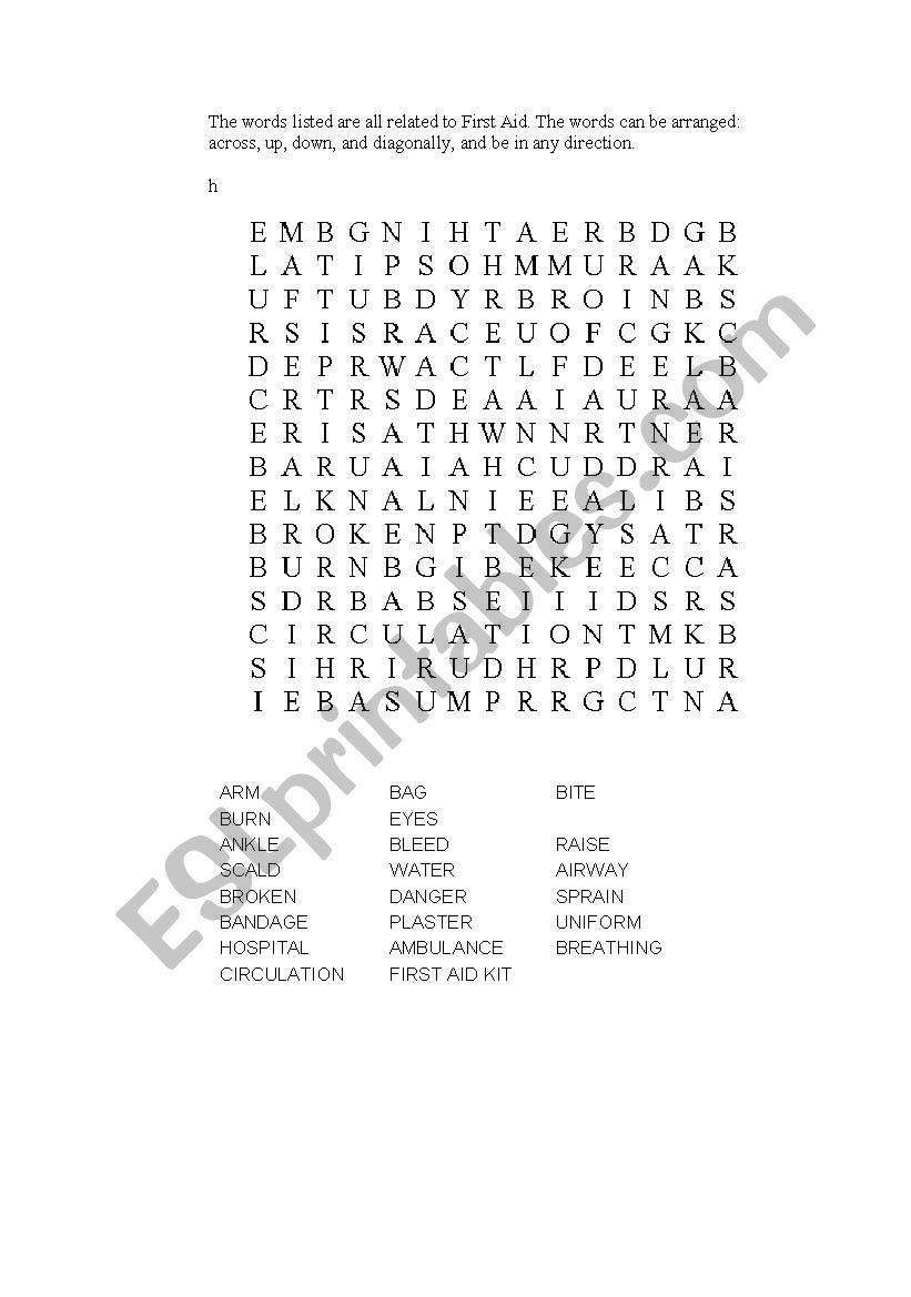 first aid word search worksheet