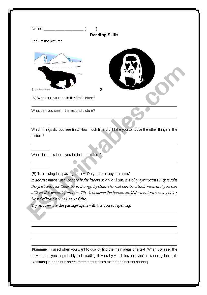 Reading Skills worksheet