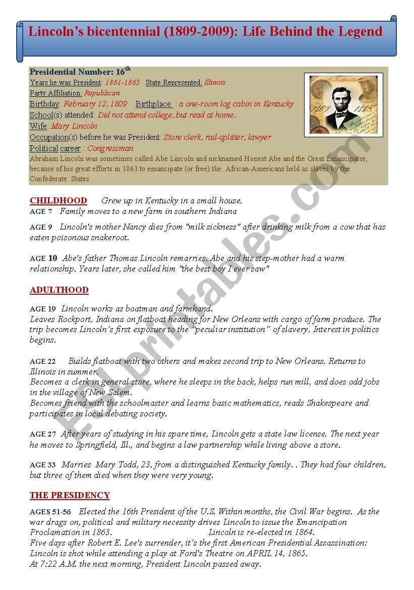 LINCOLNÂ´S CENTENNIAL : Life behind the legend  A2