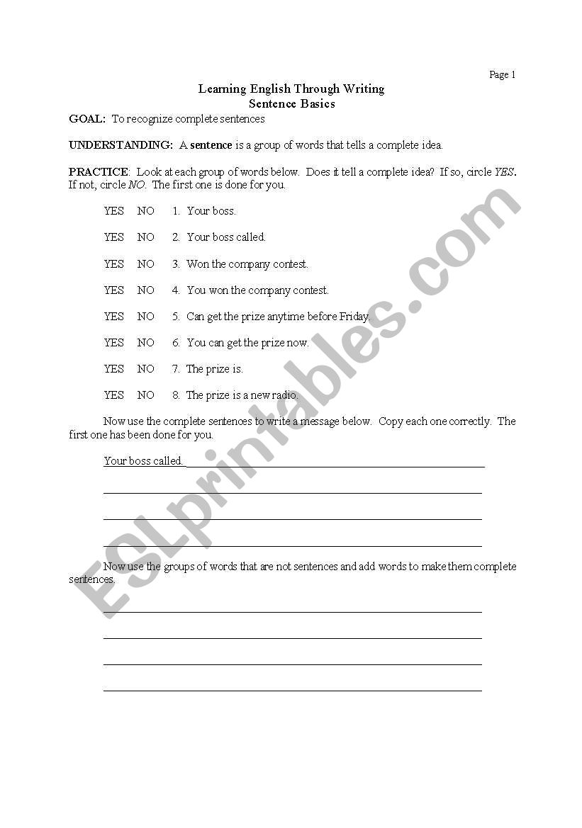 Sentence Basics Page 1 worksheet