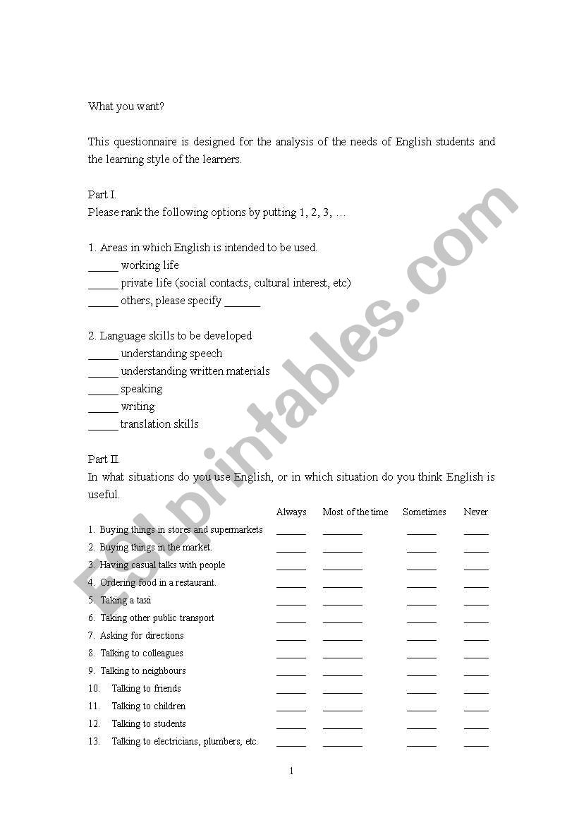 Student Needs Analysis worksheet