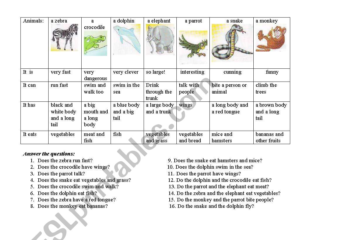Animals, a table worksheet