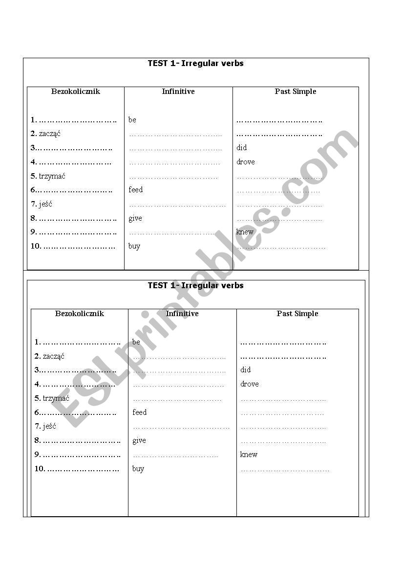 irregular verbs test 1 worksheet