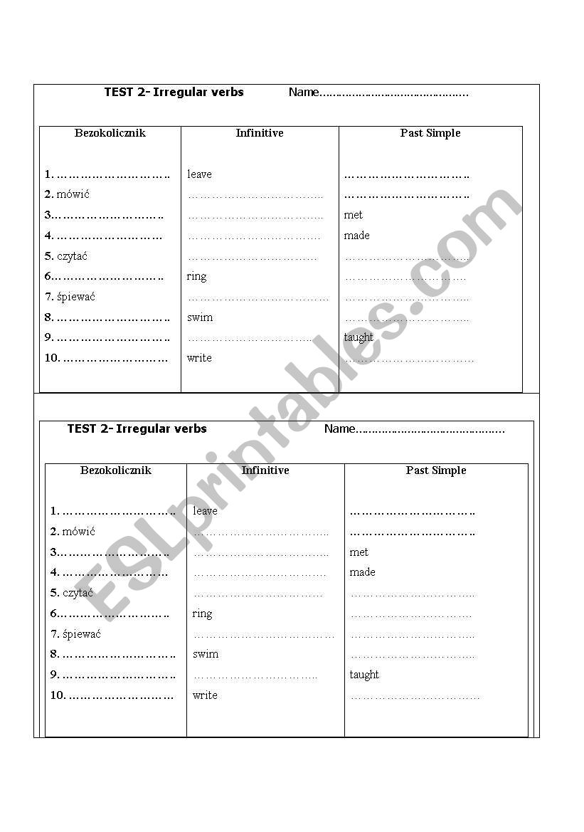 Irregular  verbs test 2 worksheet