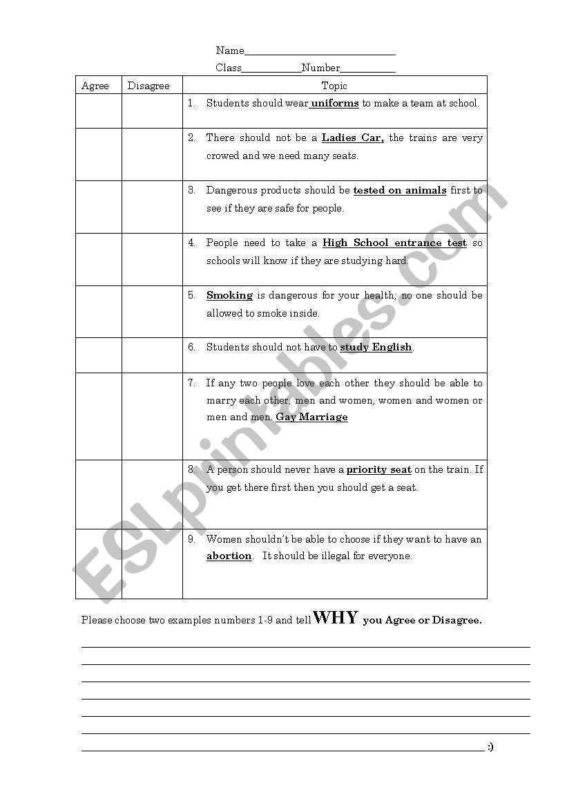 Agree or Disagree worksheet