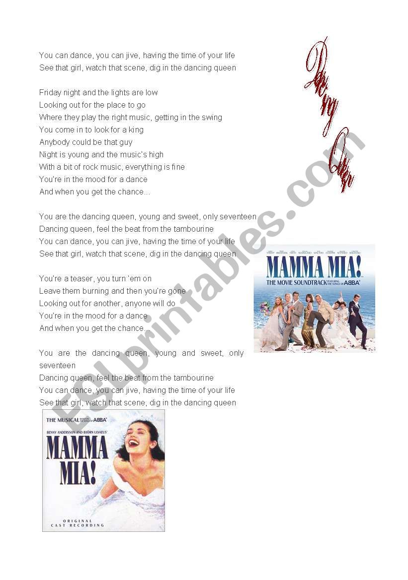 Lyrics Dancing Queen - ESL worksheet by estrada26