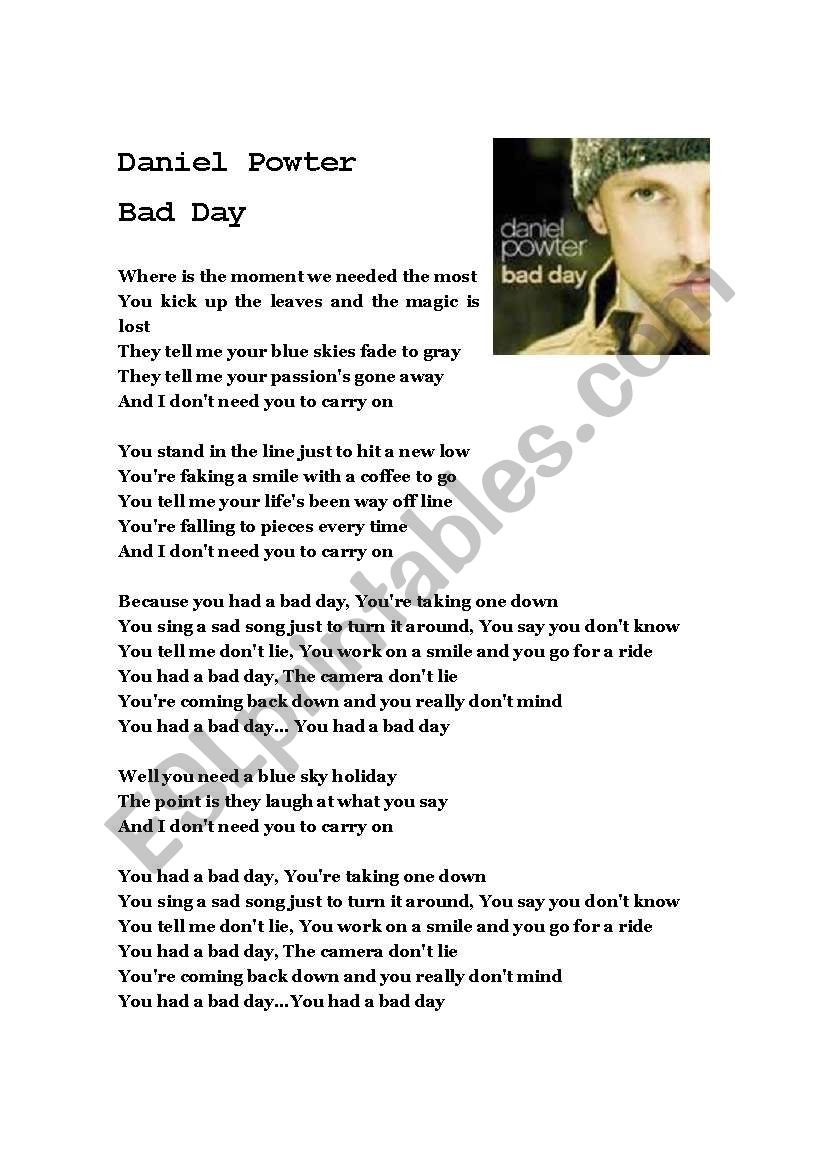 Bad Day Daniel Powter worksheet